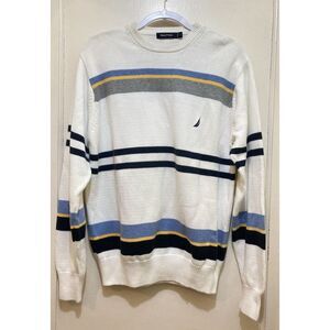 Nautica Mens Crewneck Sweater Size Small Y2K‎ 90s 80s White Striped Long Sleeve